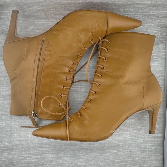 Zara Tan Pointed Toe Lace-Up Ankle Boot Women EU 39 US 8 Made in Spain Side Zip - Picture 5 of 13